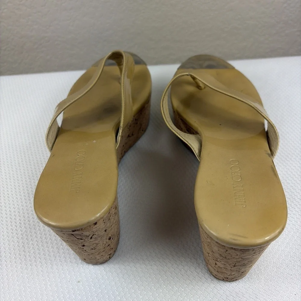 Jimmy Choo Pathos patent leather  thong slip-on cork wedge sandals woman 37.5